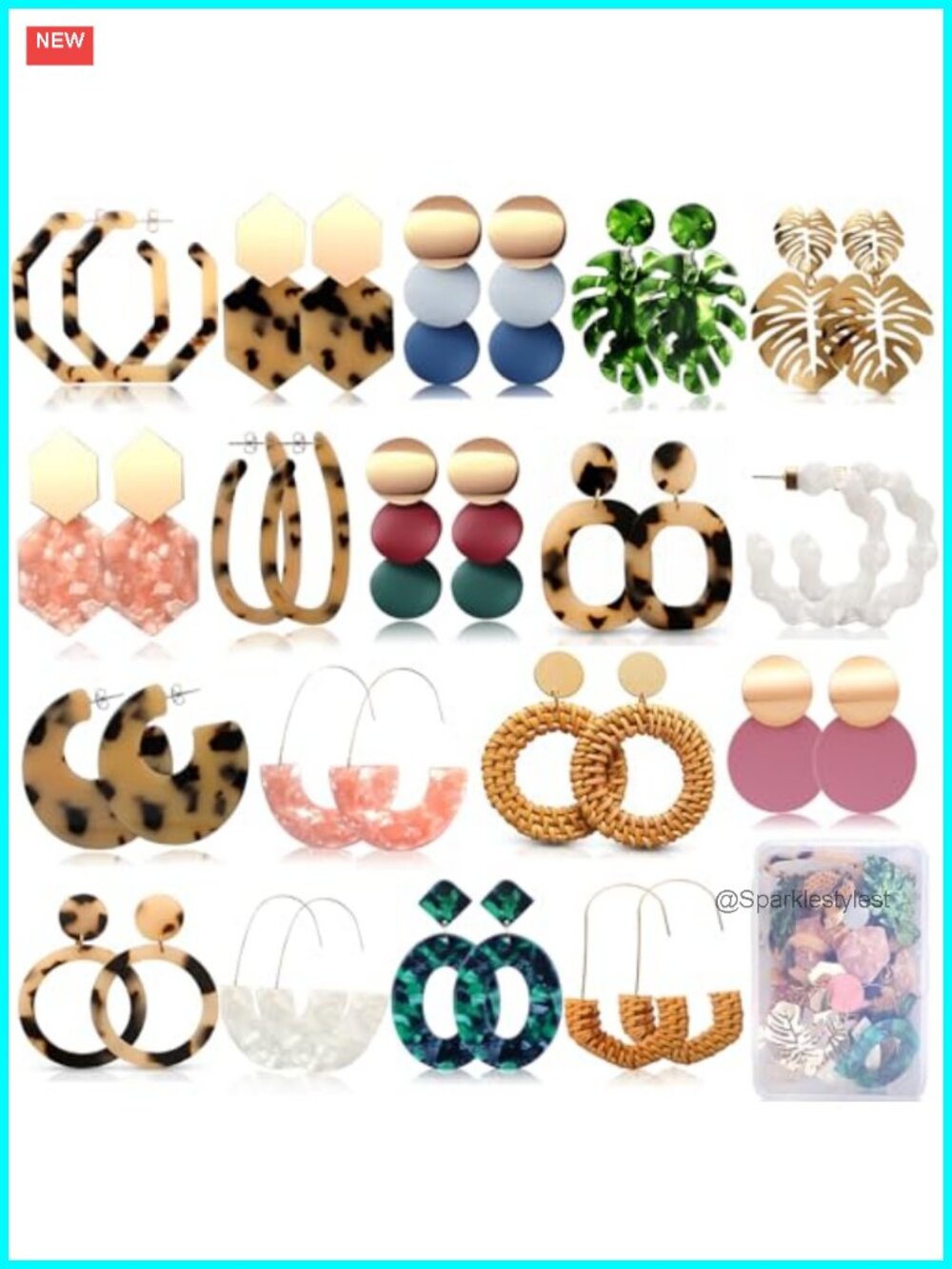 18 Pairs Statement Earrings Straw Rattan Acrylic Resin Hoop Drop Dangle Set